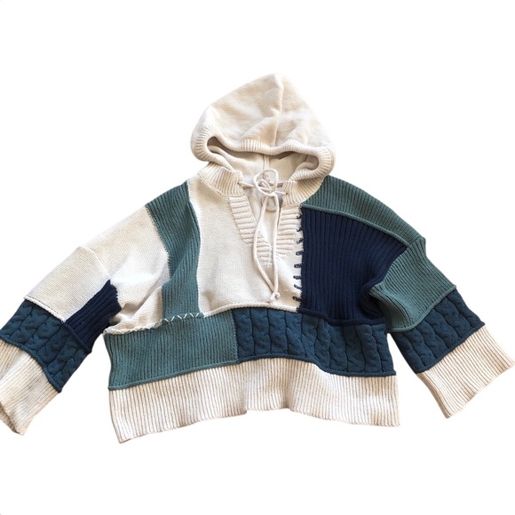 POL Jackets & Blazers - Pol Chenille Sweater Cozy Chunky Knit Colorblock Crop Hoodie V Neck